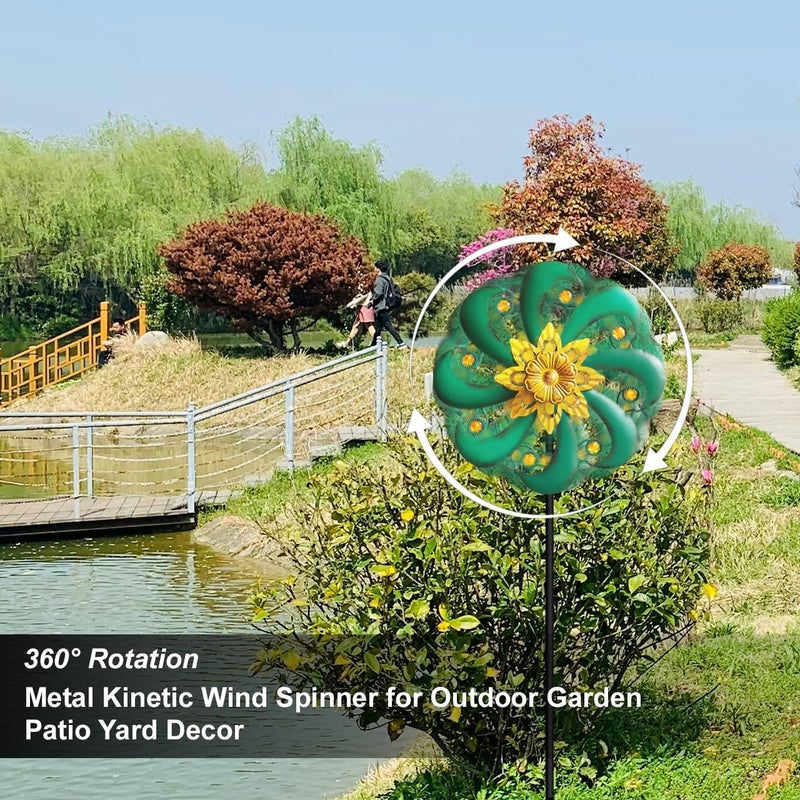 Senflame Flower Outdoor Metal Wind Spinner, Single-Layer Kinetic Garden Art with Vibrant Green Finish - Weatherproof Wind Sculpture for Lawn, Patio, Yard Decor - 10''W x 36''H - Image 4